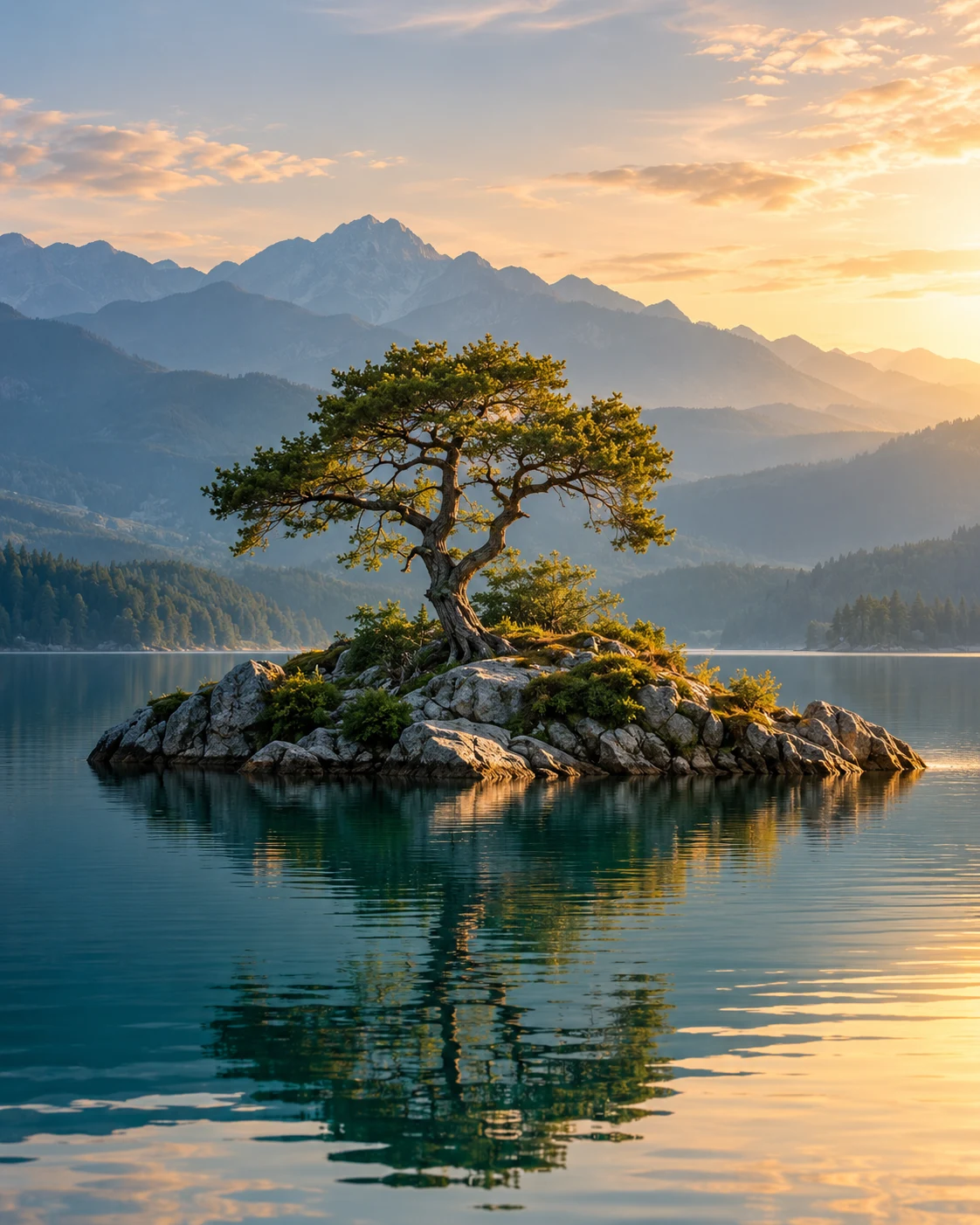 Árvore em uma pequena ilha, cercada por um lago tranquilo e montanhas ao amanhecer.